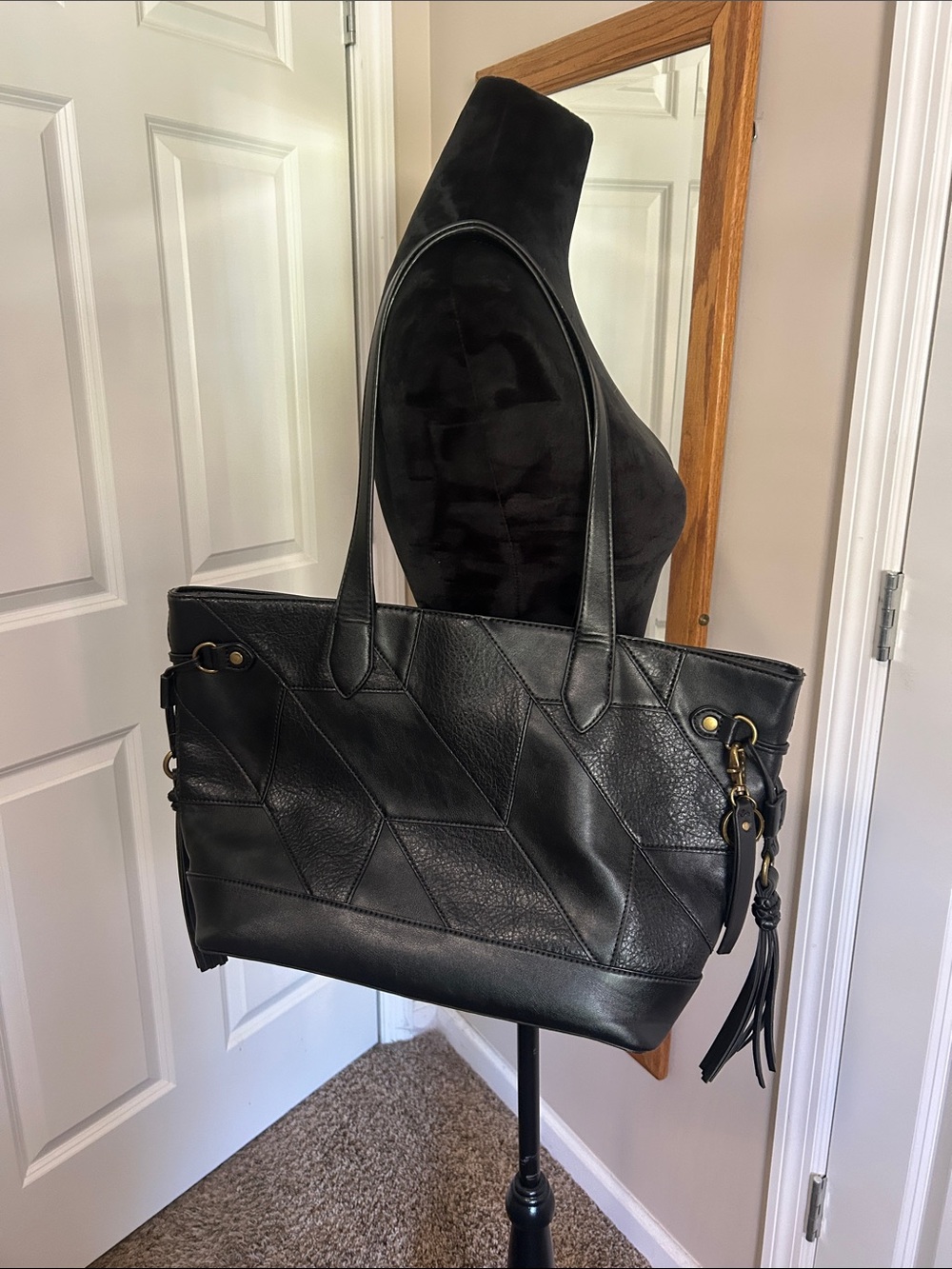 FRYE AND CO. Black Leather Patchwork Tote with Tassel